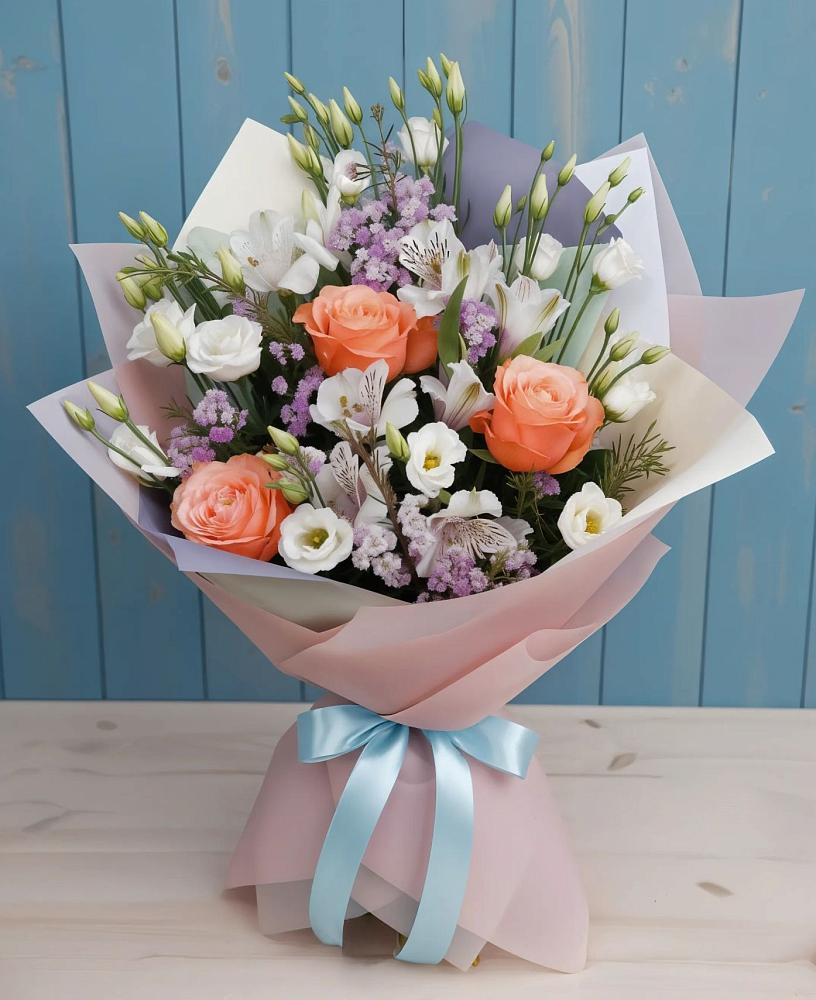 Букет цветов из: Лизиантусы, Розы, Альстромерии и Гипсофила в Борисоглебске