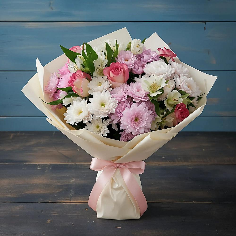 Букет цветов из: Хризантемы, Альстромерии и Розы в Борисоглебске